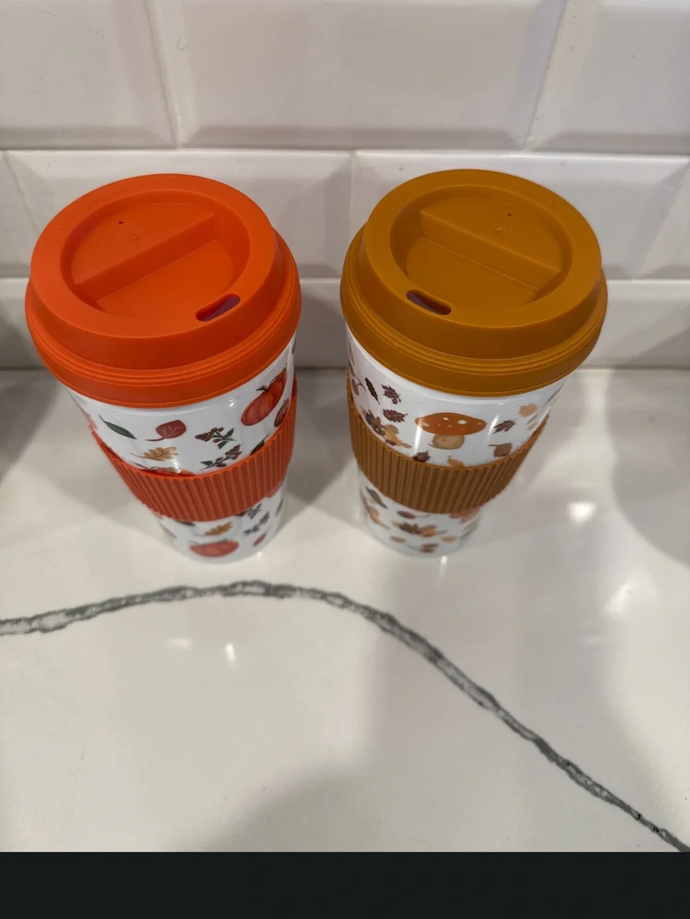 Autumn Pumpkin & Mushroom Reusable Travel Cups with Orange and Mustard Sleeves